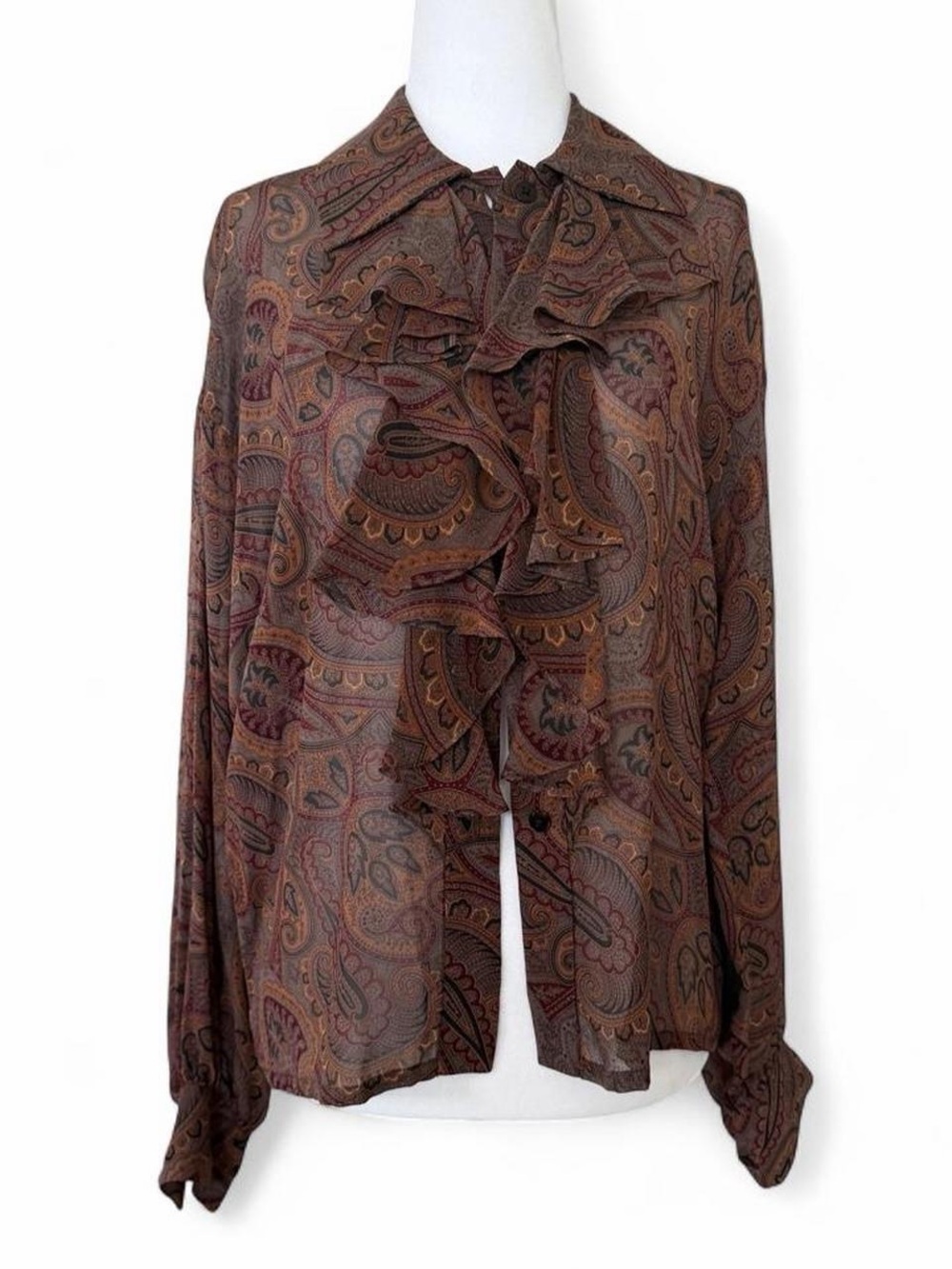 Ellen Tracy Vintage-Inspired Brown Paisley Ruffle Front Blouse